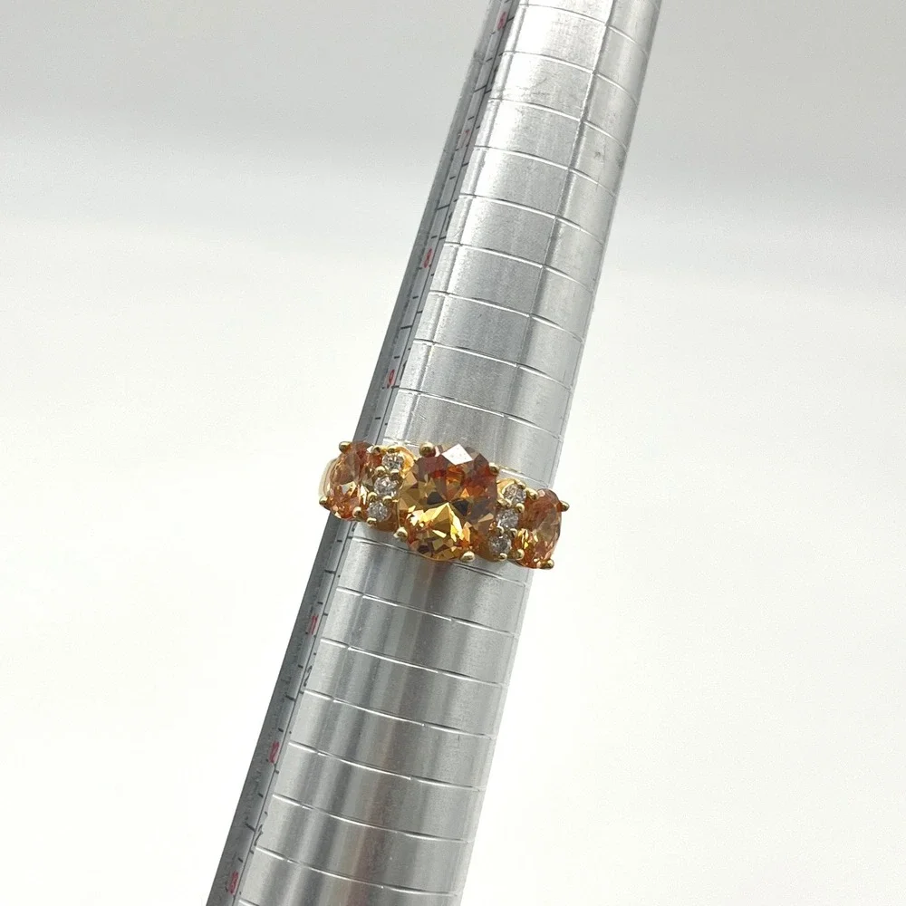 925 Gold Over Sterling Silver Three Stone Champagne Oval Cut Ring Size 10